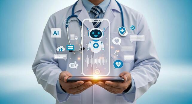 Doctor using Telemedicine App with AI Chatbot on Smartphone for Virtual Healthcare Consultation photo