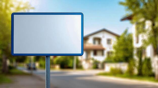 Blank Roadside Sign with Blue Frame on a Sunny Day Ready for Custom Messaging photo
