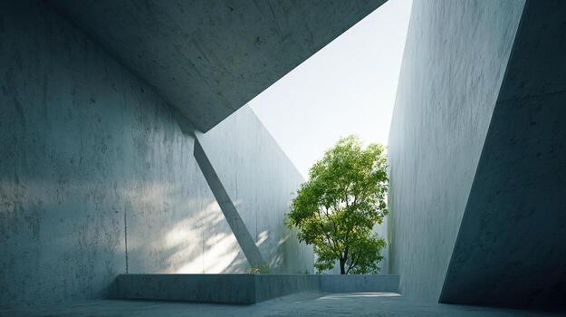 Architectural Concrete Structure Framing a Green Tree Modern Design with Natural Light and Minimalist Aesthetic photo