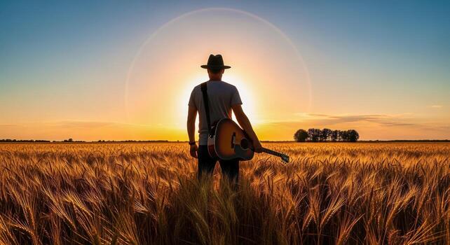 Silhouette of Musician with Guitar in Golden Wheat Field at Sunset, Representing Artistic Expression photo