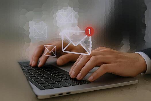 Hands Typing on Laptop with Email Notifications Displayed on Screen, New Message Concept, Isolated photo