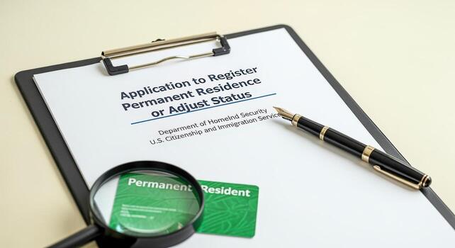 Application for Permanent Residence with Magnifying Glass and Pen on Clipboard for Immigration Concepts photo