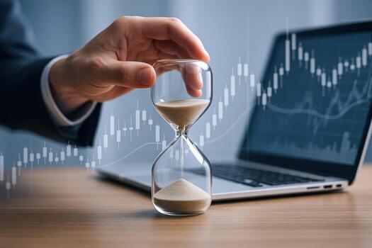 Man Holds Hourglass with Stock Market Graph Background, Representing Time Sensitivity in Investment and Finance photo