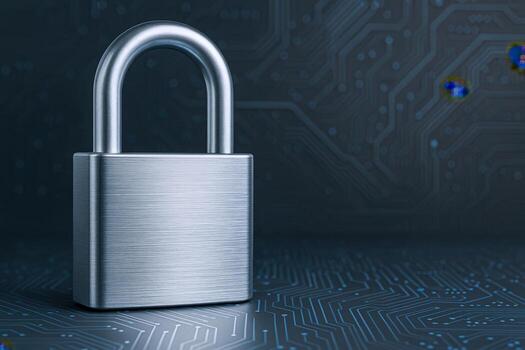 Metallic Padlock on Circuit Board Illustrating Security, Encryption, and Data Protection Concepts photo
