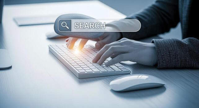 Hands Typing on Keyboard with Search Bar Overlay, Representing Online Research and Information Seeking photo