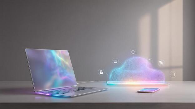 Cloud Computing Conceptual Image Featuring Holographic Laptop, Tablet, and Phone for Modern Technology and Data Management photo