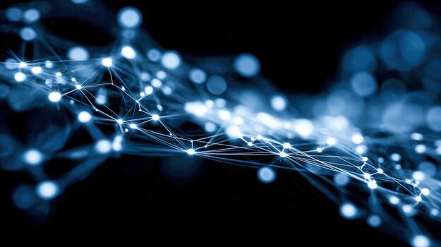 Abstract Network Connection Structure with Blue Glowing Nodes on Black Background Depicting High Tech Innovation photo