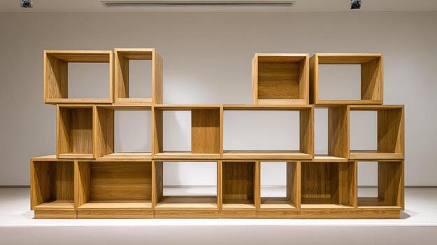 Modular Wooden Shelving Unit Design Displayed Against a Neutral Wall Background for Interior Design Mockups photo