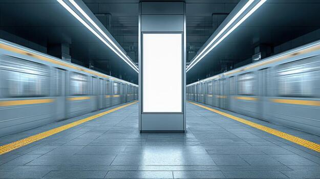 Blank Advertisement Billboard in Subway Station with Blurred Train Passing By, Suitable for Mockup photo
