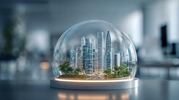 Miniature Cityscape Protected Under Glass Dome, Illustrating Urban Planning and Sustainable Architecture with Futuristic Design Elements photo