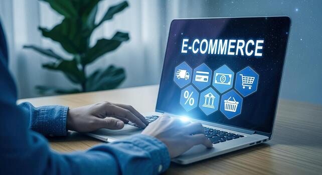 E-commerce Website Design on Laptop Screen Display with User Typing for Online Business Growth photo