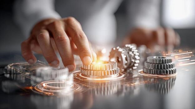 Hands Interacting with Precision Metal Gears, Illustrating Engineering Innovation and Technological Advancement with Glowing Light Effects photo