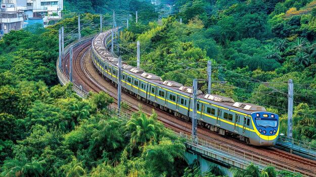 Modern Commuter Train Ascending Through Lush Greenery on a Curving Track, Emphasizing Transportation and Nature photo
