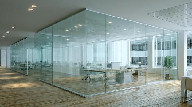 Modern Office Interior with Glass Partition Walls, Bright Workspace Design for Collaborative Environment and Corporate Productivity photo