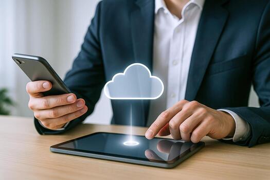 Cloud Computing Connection Man using Tablet and Phone to Connect to Digital Cloud Storage photo