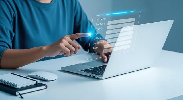 Online Form Submission on Laptop Person Filling Out Digital Application with Touch Interface photo