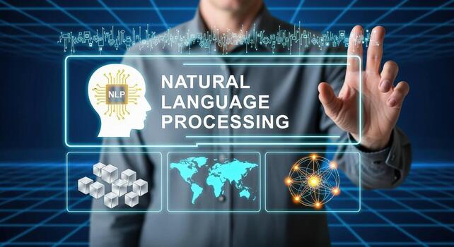 NLP Futuristic Touchscreen Interface Natural Language Processing Concept with Human Interaction on Digital Display photo