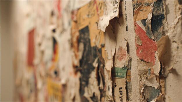 Grunge Wall Texture Featuring Layers of Torn Posters and Aged Paper, Ideal for Backgrounds photo