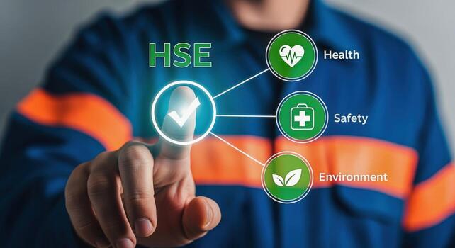 HSE Concept Worker Demonstrates Health, Safety, and Environment Focus, Clicking Virtual Checkmark for Compliance and Responsibility photo