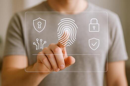 Digital Fingerprint Security Concept Man Touching Screen with Biometric Authentication and Data Protection Icons photo