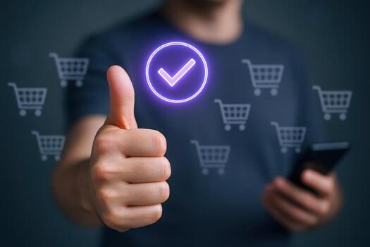Online Shopping Success Customer Approval with Thumbs Up and Digital Checkmark for Ecommerce Satisfaction photo