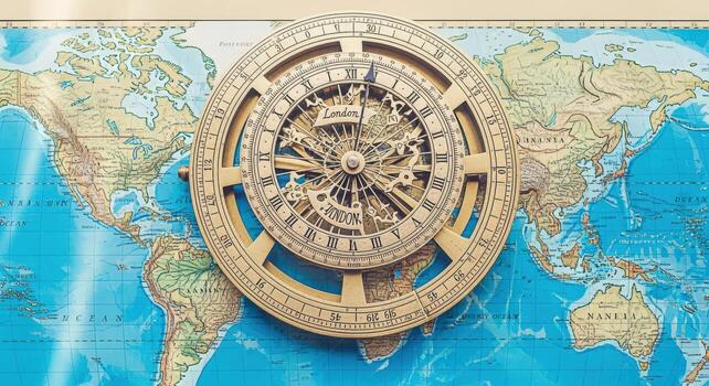 Antique Astrolabe on a Vintage World Map Background Exploration, Navigation, and Cartography Concept photo