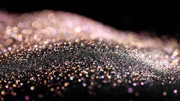 Sparkling Glitter Wave on Black Background, Festive Elegant Texture, Abstract Shimmering Particle Flow for Luxury Design photo