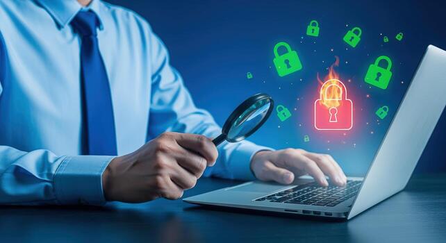 Data Security Investigation Businessman Examining Laptop with Magnifying Glass, Identifying Cyber Threats and Vulnerabilities photo