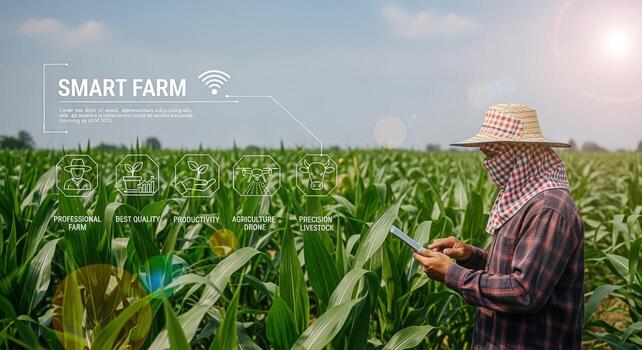 Farmer Using Tablet in Cornfield Smart Agriculture Technology for Crop Monitoring and Increased Efficiency photo