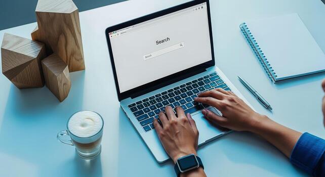 Modern Workspace Hands Typing on Laptop with Coffee, Notebook and Geometric Decor on Desk photo