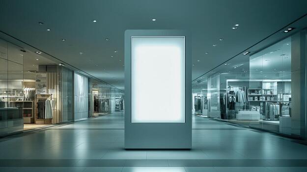 Illuminated Digital Display Stands Brightly in Shopping Mall, Blank Advertisement Screen for Marketing Campaign photo