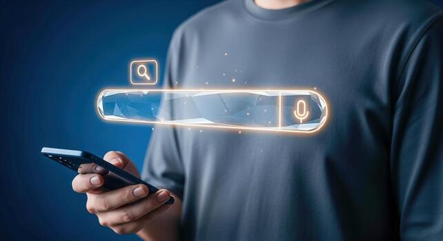 Man Holding Smartphone with Digital Search Bar Overlay for Online Information Access and Connectivity photo