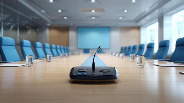 Conference Room with Microphone on Table and Chairs Modern Business Meeting Ready for Presentation photo