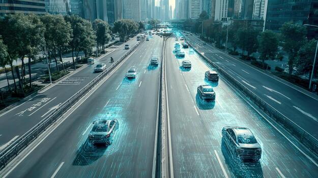 Autonomous Vehicles Navigate Urban Highway Futuristic Transportation and Advanced Technology Integration in Smart City photo