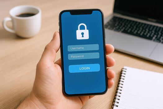 Mobile Security Login Hand Holding Smartphone Displaying Secure Authentication with Laptop and Coffee Cup photo