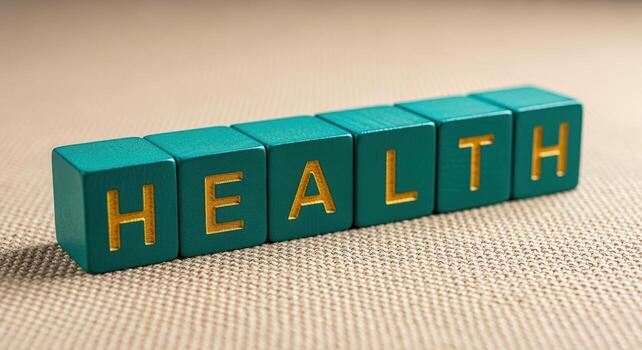 Health Concept with Wooden Blocks Spelling the Word on a Textured Beige Surface photo