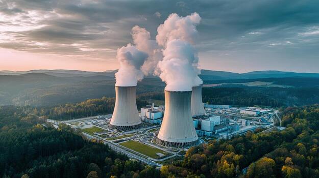 Aerial View of a Power Station with Cooling Towers Surrounded by a Lush Forest Landscape photo
