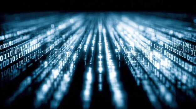 Abstract Digital Binary Code Stream, Data Flow Visualization in Blue, High Tech Background photo