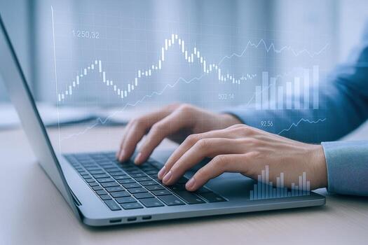 Financial Analysis Hands Typing on Laptop with Stock Market Graph Overlay for Business Strategy photo