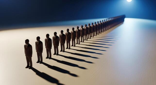 Endless Queue of Business Professionals Conceptual Image of Corporate Conformity and Shared Vision Under a Guiding Light photo