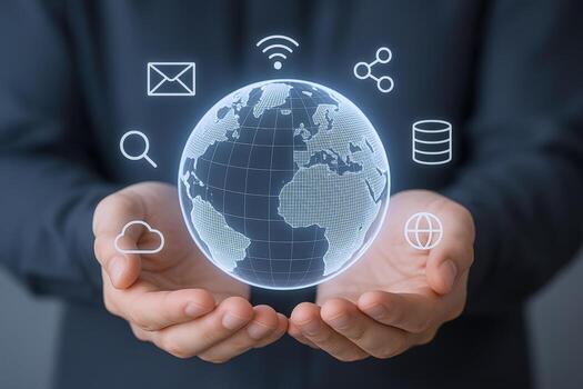 Global Communication Network Concept Hands Holding Digital Globe with Connectivity Icons for Technology and Business photo