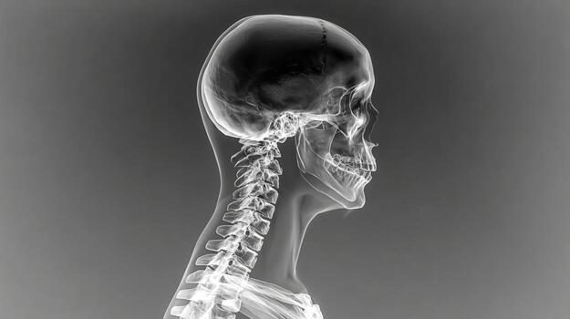 X-Ray of Human Skull and Cervical Spine Showing Skeletal Anatomy and Bone Structure photo