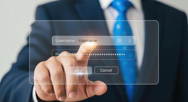 Businessman Accessing Account with Username and Password on a Virtual Interface for Secure Online Login photo