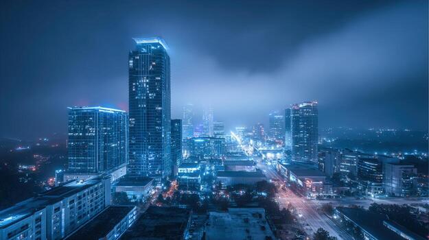 noche paisaje urbano presentando moderno arquitectura, iluminado rascacielos en contra un nublado cielo, creando un cautivador urbano panorama foto