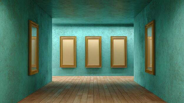 Gallery Interior with Empty Frames on Walls, Ready for Artwork Mockups, Rendering Design photo