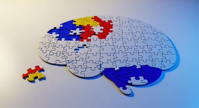 cerebro rompecabezas conceptual imagen representando cognitivo función, memoria, y problema resolviendo con desaparecido pedazo foto