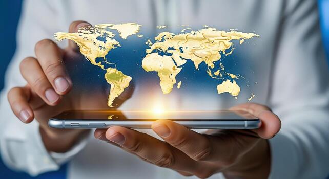 Global Connectivity Concept Hands Holding Smartphone Displaying a Holographic World Map for International Business photo