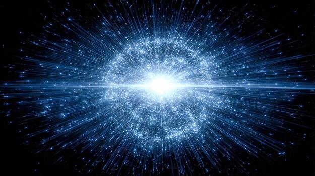 Abstract Blue Energy Burst Cosmic Explosion with Light Rays on Dark Background photo