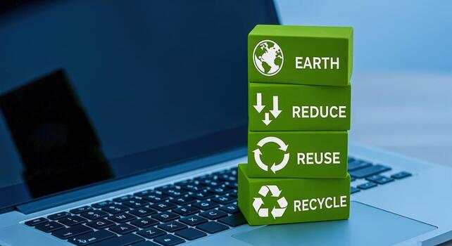 Sustainable Practices Represented by Green Blocks on Laptop, Promoting Reduce, Reuse, and Recycle for Environmental Awareness photo