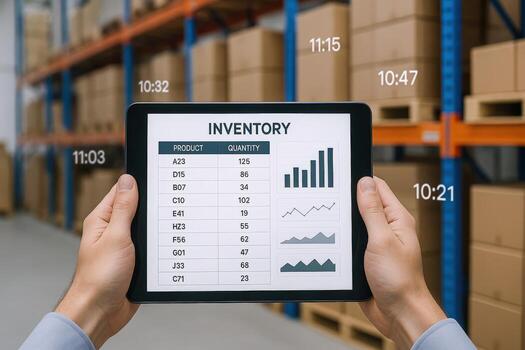 almacén inventario administración con digital tableta racionalización logística y suministro cadena eficiencia con moderno tecnología foto